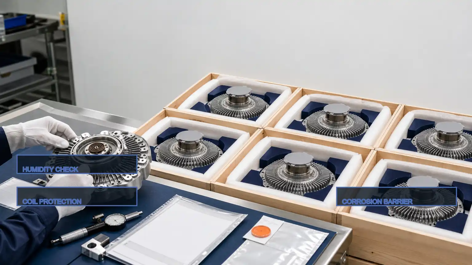 Vysoce odoln&eacute; spojky ventil&aacute;torů chr&aacute;něn&eacute; v přesn&yacute;ch exportn&iacute;ch obalech s bimetalovou vůl&iacute; a kontrolou vlhkosti.
