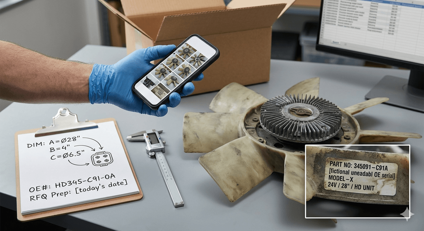 Offerteaanvraagmaterialen voor B2B-radiatorkoelventilator, inclusief OE-label, productfoto's, afmetingen en verpakkingsinformatie