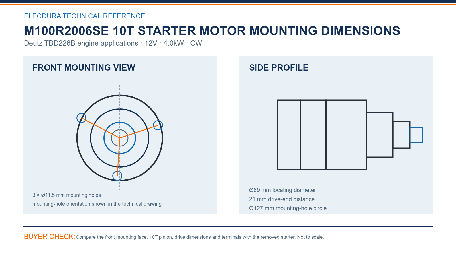 Dimensioni di montaggio motore avviamento M100R2006SE Deutz TBD226B 12V 4.0kW 10T