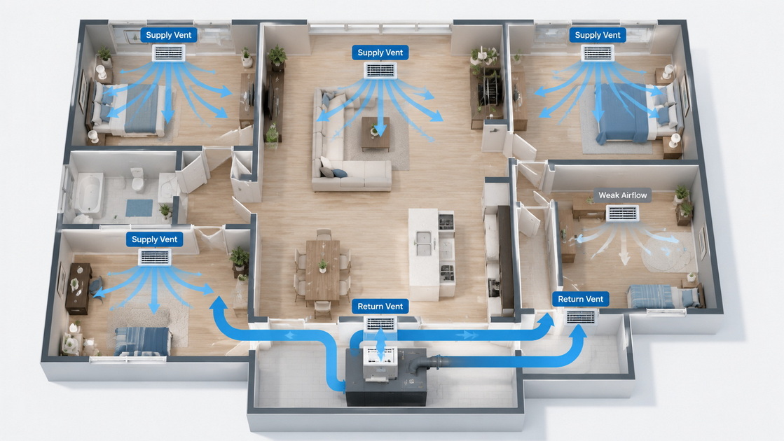 4Flujo de aire dom&eacute;stico y rejillas de ventilaci&oacute;n de aire acondicionado