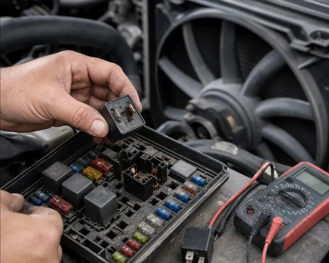 Tecnico che ispeziona la presa del rel&egrave; della ventola del radiatore danneggiata dal calore e il rel&egrave; rimosso vicino alla scatola dei fusibili