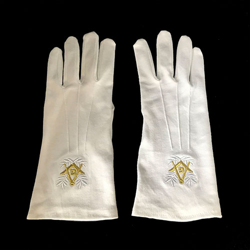 White Cotton Golden Square Compass Freemasons Glove