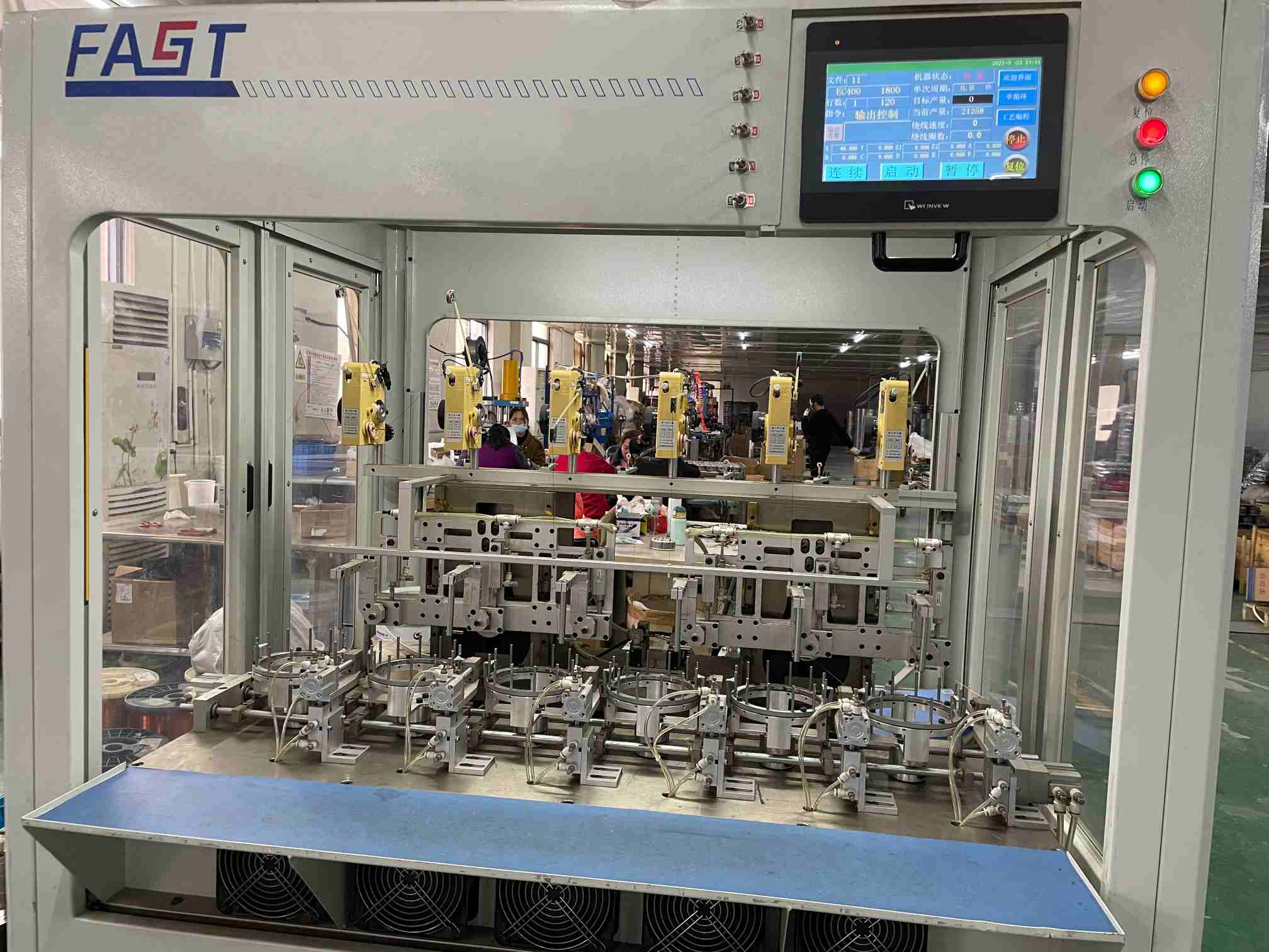 Deshengxin motor production workshop — in-house EC motor winding and assembly line for ultra-thin EFU fans, showcasing full-chain manufacturing capability