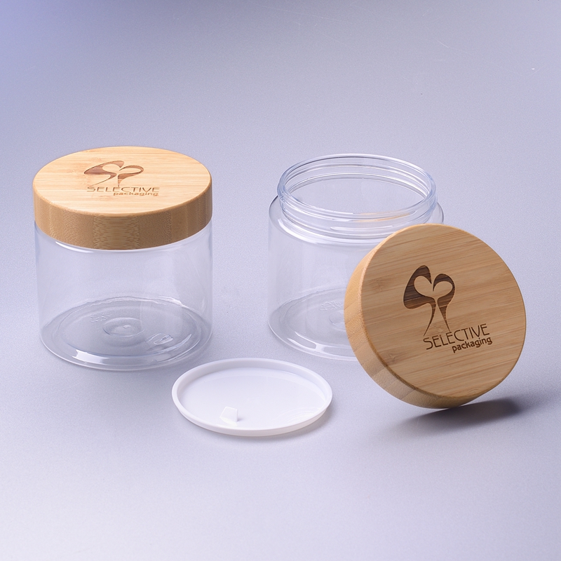 Round Clear 500G SKin Cream Jar Storage Jar Ect with 89/400 Bamboo Cap Bamboo Lid 