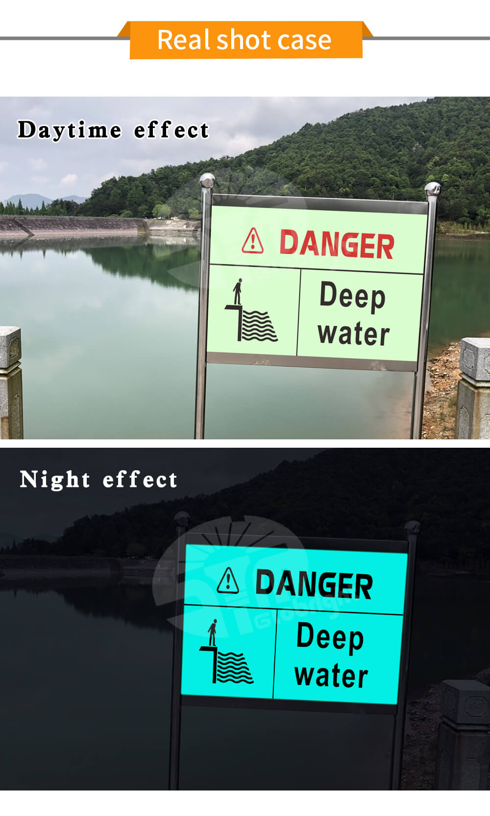 Inorganic Self-luminous Deep Water Warning Sign, Glow in The Dark, Safety Sign