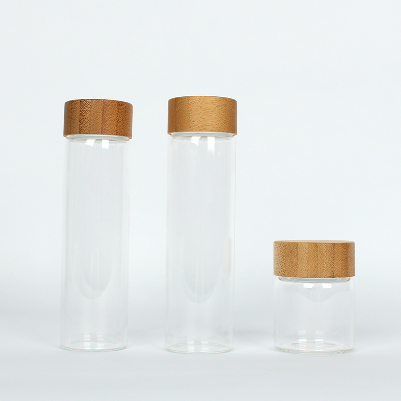 Eco-Friendly Child resistant Glass bottle jar with smooth Bamboo Lid packaging