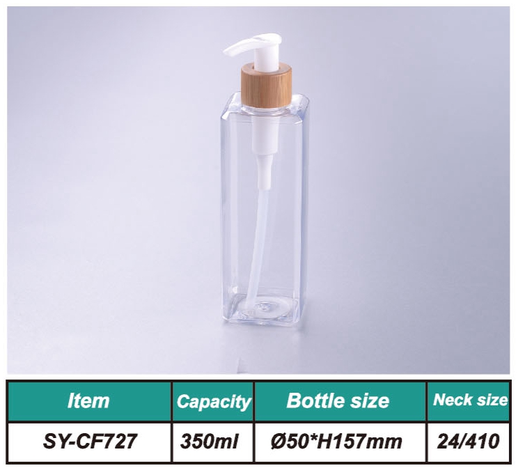 12oz 350ml Square Body Lotion Bottle Scrub Solution Bottle Plastic Shampoo Bath Cream Bottle with 24/410 Bamboo Pump
