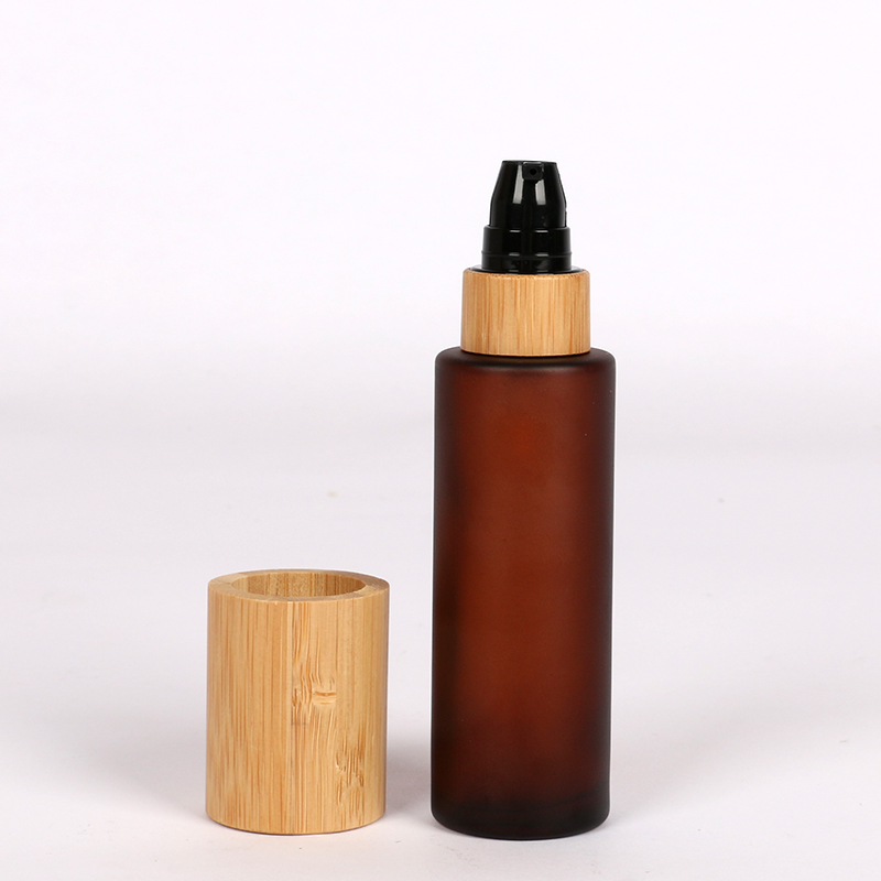 Eco-friendly Empty Frosted amber Glass Spray Bottle For Skin Care Cosmetic Pump Glass Lotion Bottle with bamboo cap