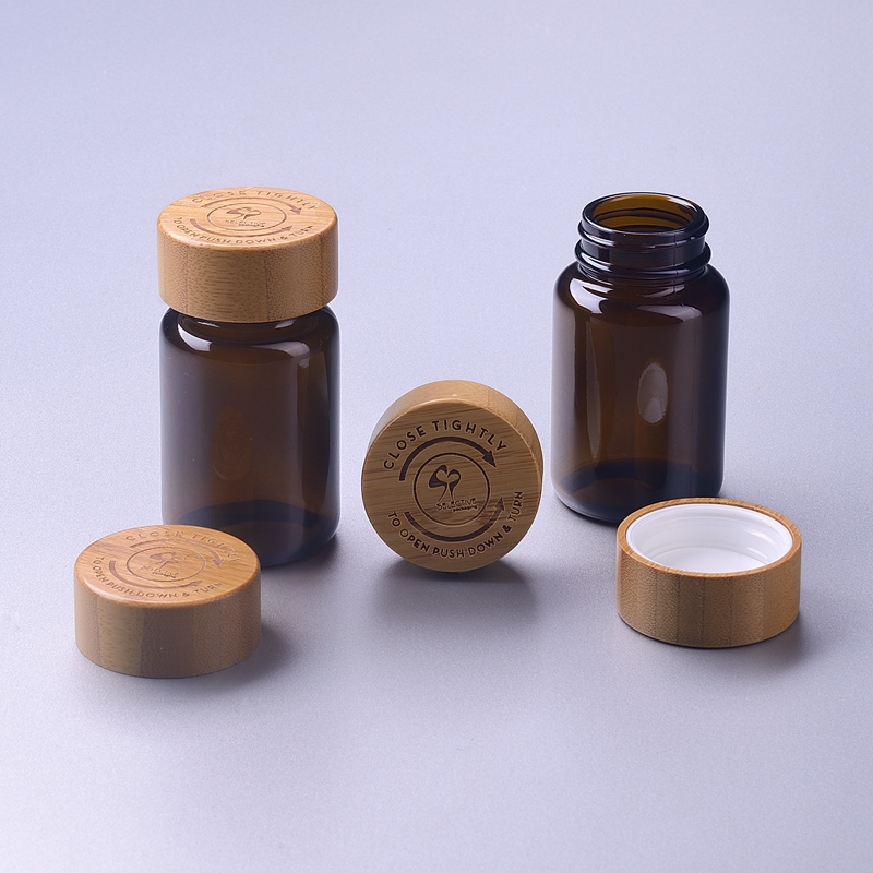 60ml 75ml 100ml 150ml 200ml medical amber glass pill supplement capsule bottle with bamboo child resistant cap