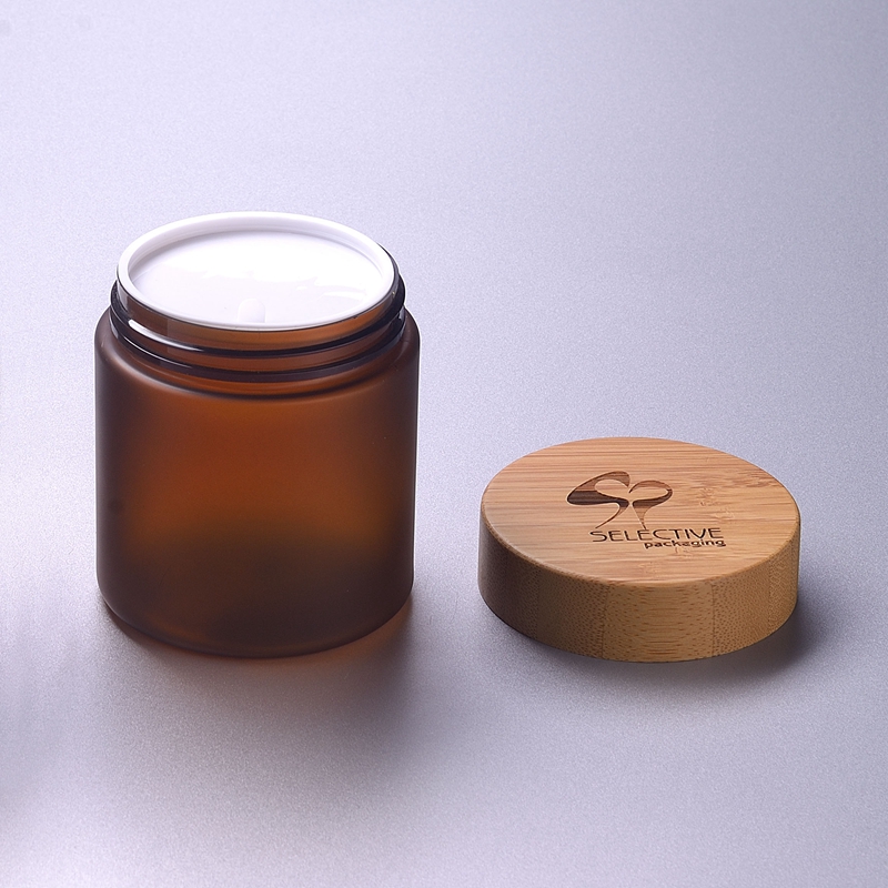 250G 9oz Round Frosted Amber SKin Cream Jar Storage Jar Ect with Bamboo Cap Bamboo Lid 