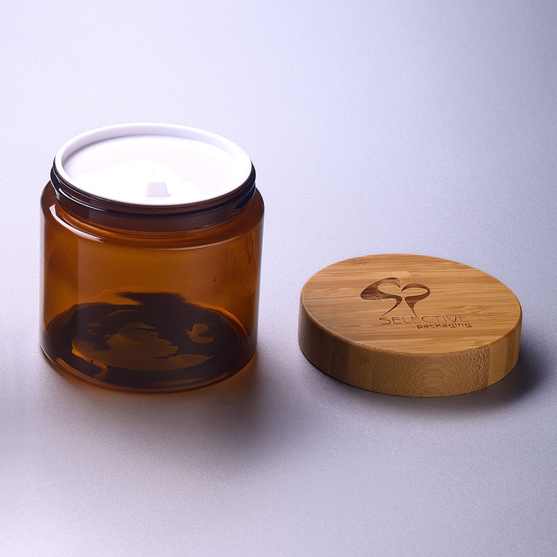 500G 17.5oz Round Amber SKin Cream Jar Storage Jar Ect with Bamboo Cap Bamboo Lid 