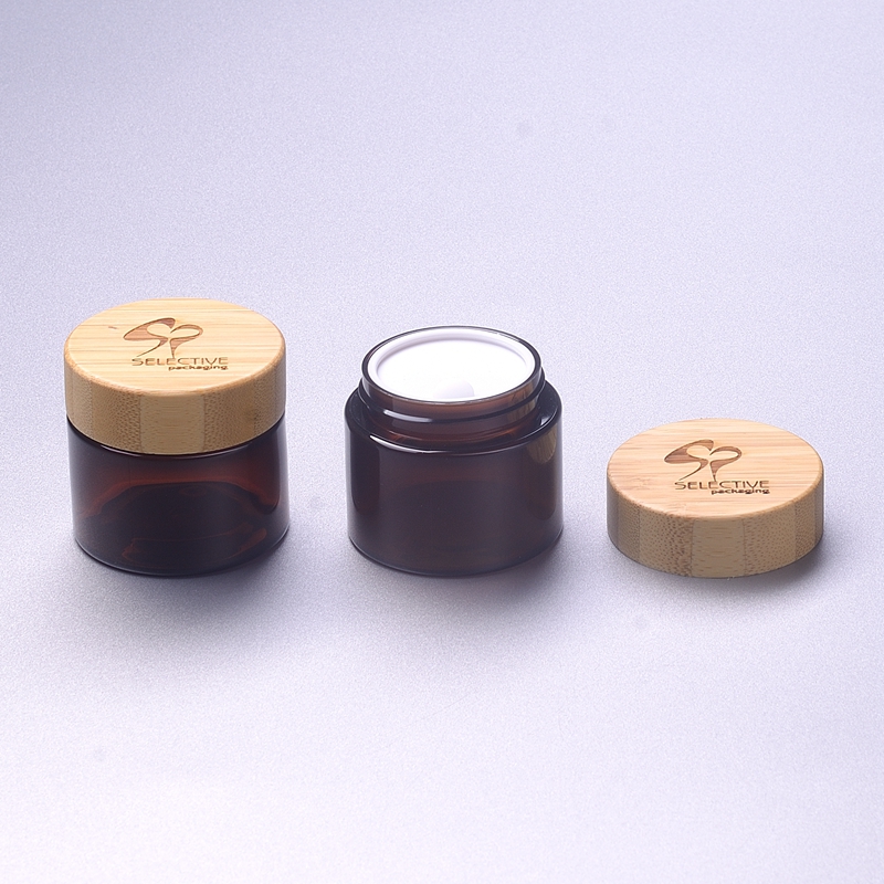 Round Amber 50G SKin Cream Jar Storage Jar Ect with Bamboo Cap Bamboo Lid 