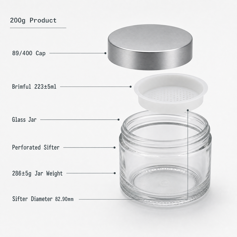 200G 7oz Round transparent Powder Jar Butter Jar with Sifter And Aluminum Screw Cap 