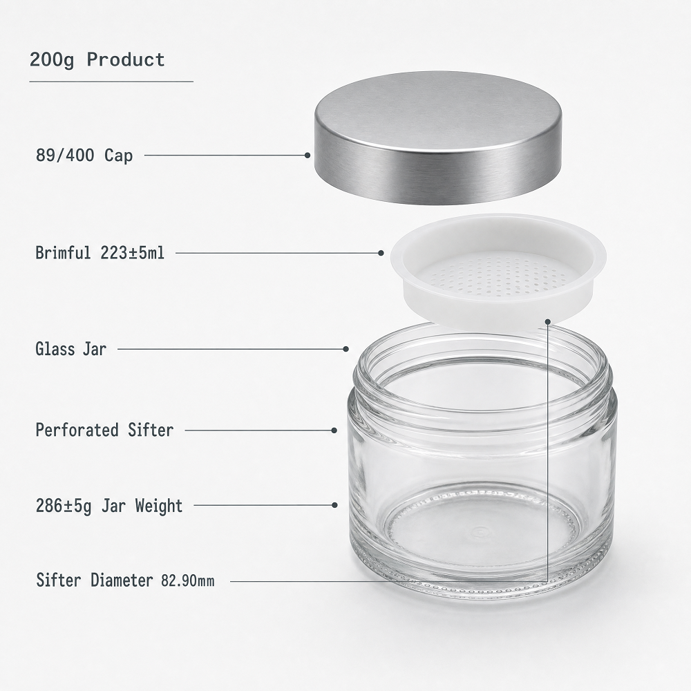 200G 7oz Round transparent Powder Jar Butter Jar with Sifter And Aluminum Screw Cap 